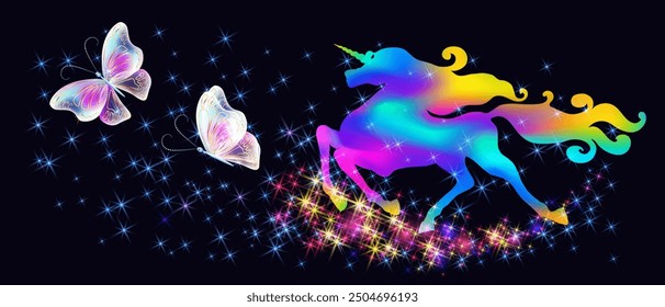 Galloping unicorn with luxurious winding mane and flying magic butterflies against the background of the fantasy universe with sparkling stars.	