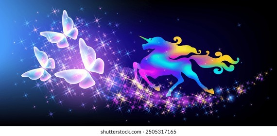 Galloping unicorn with luxurious winding mane and flying magic butterflies against the background of the fantasy universe with sparkling stars.	