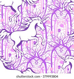 Galloping unicorn silhouette against the backdrop of a magical, enchanted forest - seamless vector background