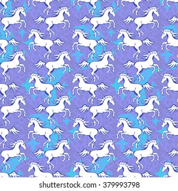 Galloping unicorn silhouette against the background of stars and crescent - seamless vector background