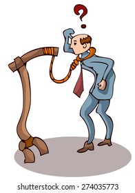 Gallows being too Small for the Confused Businessman, Vector Illustration. 