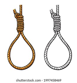 Gallows. Execution and punishment. Symbol of death and suffocation. Set of Old Brown object. Medieval justice. Rope with loop

