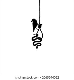 Gallows (Hanging Rope) Crow and Snake Silhouette. Dramatic, Creepy, Horror, Scary, Mystery, or Spooky Illustration. Illustration for Horror Movie or Halloween Poster Element. Vector Illustration