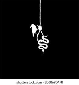 Gallows (Hanging Rope) Crow and Snake Silhouette. Dramatic, Creepy, Horror, Scary, Mystery, or Spooky Illustration. Illustration for Horror Movie or Halloween Poster Element. Vector Illustration