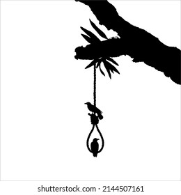 Galgen (Hanging Rope) auf dem Baum und Crow. Dramatische, grauenhafte, Horror-, Gruselige-, Mysterium- oder Spookie-Illustration. Illustration für Horrorfilm oder Halloween Poster Element. Vektorgrafik 