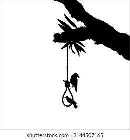 Espaldas (Cuerda colgante) en el Árbol y el cuervo. Ilustración dramática, espeluznante, horrorosa, temerosa, misteriosa o espeluznante. Ilustración para película de terror o elemento de afiche de Halloween. Ilustración vectorial 