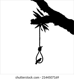 Galgen (Hanging Rope) auf dem Baum und Crow. Dramatische, grauenhafte, Horror-, Gruselige-, Mysterium- oder Spookie-Illustration. Illustration für Horrorfilm oder Halloween Poster Element. Vektorgrafik 