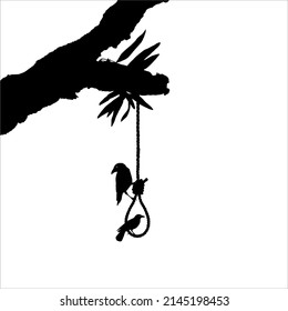 Galgen (Hanging Rope) auf dem Baum und Crow. Dramatische, grauenhafte, Horror-, Gruselige-, Mysterium- oder Spookie-Illustration. Illustration für Horrorfilm oder Halloween Poster Element. Vektorgrafik 