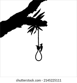 Gallows (Hanging Rope) on the Tree and Woody Woodpecker. Dramatic, Creepy, Horror, Scary, Mystery, or Spooky Illustration. Illustration for Horror Movie or Halloween Poster Element. Vector