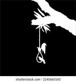 Gallows (Hanging Rope) on the Tree and Crow. Dramatic, Creepy, Horror, Scary, Mystery, or Spooky Illustration. Illustration for Horror Movie or Halloween Poster Element. Vector Illustration