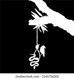 Gallows (Hanging Rope) on the Tree and Crow and Snake. Dramatic, Creepy, Horror, Scary, Mystery, or Spooky Illustration. Illustration for Horror Movie or Halloween Poster Element. Vector Illustration