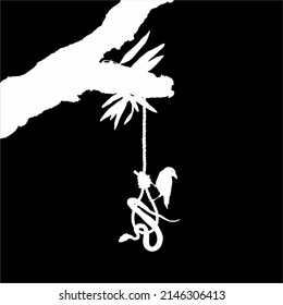 Gallows (Hanging Rope) on the Tree and Crow and Snake. Dramatic, Creepy, Horror, Scary, Mystery, or Spooky Illustration. Illustration for Horror Movie or Halloween Poster Element. Vector Illustration