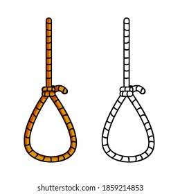 Gallows. Rope with loop. Set of Old Brown object. Medieval justice. Execution and punishment. Symbol of death and suffocation