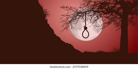 Galgen mit Seilschnecke. Zeilenmuster. Seifenschleife. Gänse hängend Nasenseil und geklebter Knoten. Seien Sie unverschämt. Hangman Knoten. Halloween, totes Symbol. Suizid-Konzept zur Unterstützung und Depressionstherapie.