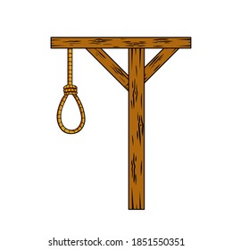Galgen. Holzstruktur zur Ausführung. mittelalterliche Justiz. Ort des Todes. Mord und Strafe. Seien Sie leise. Cartoon-Illustration