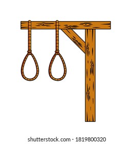 Espaldas. Estructura de madera para la ejecución. Rope con una soga. Ilustración de dibujos animados. Justicia medieval. Lugar de la muerte. Asesinato y castigo