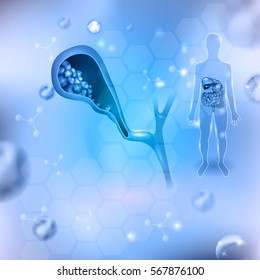 Gallstones abstract blue background and human silhouette internal organs anatomy