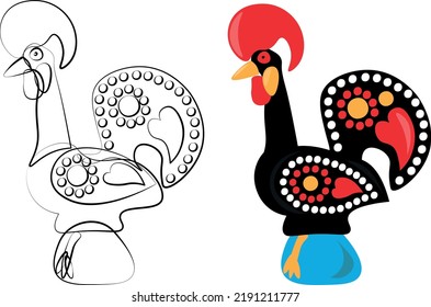 Galo de Barcelos. Portuguese rooster vector illustration icon in colors and black line art.