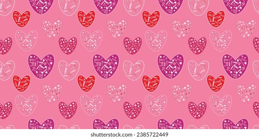 Galore hearts Seamless vector Pattern Love Perfect Various Heartfelt Eternal Connection Wrapping paper Textile Fabric typography 14 february Isolated pink magenta background Word Love different fonts 