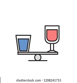 Galss of water and bottle of alcohol on scales. Cartoon design icon. Colorful flat vector illustration. Isolated on white background.