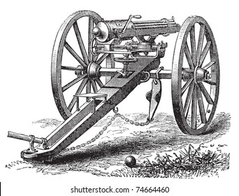 Galting Gun Vintage Engraving. Old Engraved Illustration Of A Galting Gun. Gatling Gun Was Designed By The American Inventor Dr. Richard J. Gatling In 1861