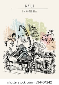 Galungan decoration (penjor) in Ubud, Bali, Indonesia, Asia. Hand drawing. Travel sketch. Book illustration, postcard or poster in vector