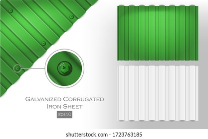 galvanized corrugated iron sheet eps 10 green and white color. Roof metal tiles slab for covering or fencing material