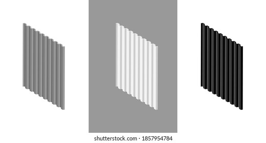 Galvanized iron sheets isometric vector icon. Corrugated roofing sheets isolated on white background. Black and white wavy slate. Metal roof, metal siding, profiled sheeting for covering or fencing.