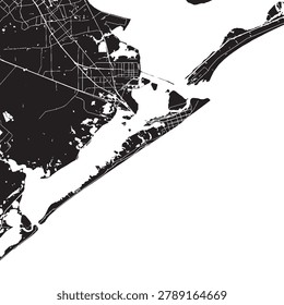 Galveston Texas Vector Map, Detailed Island Street Map Black and White Minimalist Line Art