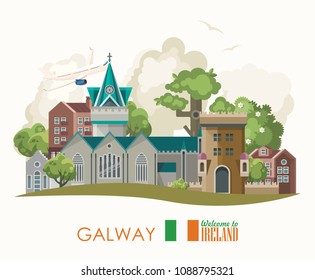 Galway city. Ireland vector illustration with landmarks and irish castle. Colorful travel template.