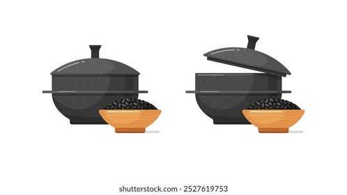 Gamasot e arroz preto em tigela profunda de cerâmica ou madeira. Pote coreano para ensopado e ferver sopa quente e molho picante. Ícones de caldeirões de ferro asiáticos com tampas. Ilustrações isoladas de desenhos animados vetoriais