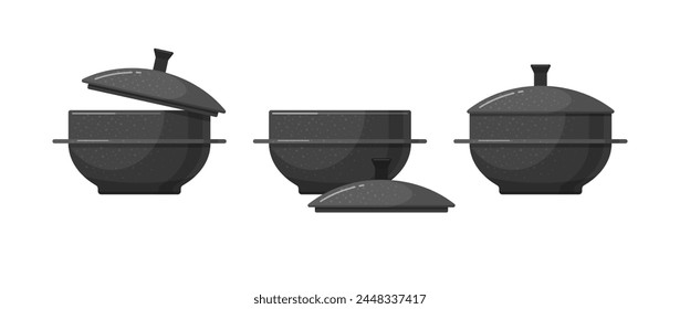 Gamasot, Korean pot for stew and boil hot soup and spicy sauce. Icons of asian iron cauldron with lid. Traditional Korean cookware, black iron pot for kimchi cooking, vector cartoon set