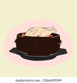 Gamasot, is a large, heavy pot or cauldron used for Korean cooking. Colored vector illustration. Gamasot, traditional Korean wok. Korean Traditional Heavy Pot Gamasot, Korean traditional. chicken, gin