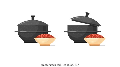 Gamasot e arroz vermelho de levedura em tigela de cerâmica ou madeira. Pote coreano para ensopado e ferver sopa quente e molho picante. Ícones de caldeirões de ferro asiático preto com tampas. Ilustrações isoladas de desenhos animados vetoriais