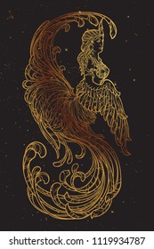 Gamayun - half-woman half-bird prophetic creature in Russian myths and fairy tales. Intricate linear drawing isolated on black background with golden stars. Tattoo design. EPS10 vector drawing.