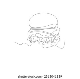 Gambar hamburger dengan satu garis, background putih, Siluet burger restoran cepat saji dengan keju, potongan daging, dan salad. Logo makanan jalanan dengan desain modern.