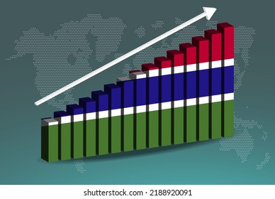 vector gráfico de gráfico de barras 3D de Gambia, flecha ascendente en los datos, concepto de estadísticas de país, bandera de Gambia en gráfico de barras 3D, valores crecientes, idea de pancarta de noticias