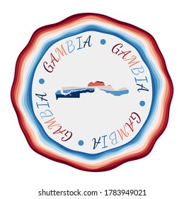 Gambia badge. Map of the country with beautiful geometric waves and vibrant red blue frame. Vivid round Gambia logo. Vector illustration.