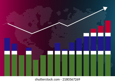 Gráfico de barras de Gambia con altibajos, valores en aumento, bandera de Gambia en gráfico de barras, flecha ascendente en datos, idea de pancarta de noticias, concepto de país en desarrollo