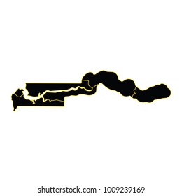 Gambia Black Silhouette Map Outline Isolated on White 3D Illustration, The Caital City Highlighted with a Star on the Shape of the Country of Gambia.