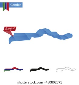 Gambia blue Low Poly map with capital Banjul, versions with flag, black and outline. Vector Illustration.