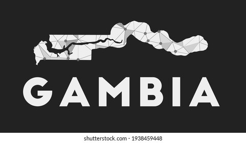 Gambia - communication network map of the country. Gambia trendy geometric design on dark background. Technology, internet, network, telecommunication concept. Vector illustration.