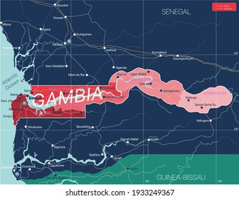 Gambia country detailed editable map with regions cities and towns, roads and railways, geographic sites. Vector EPS-10 file
