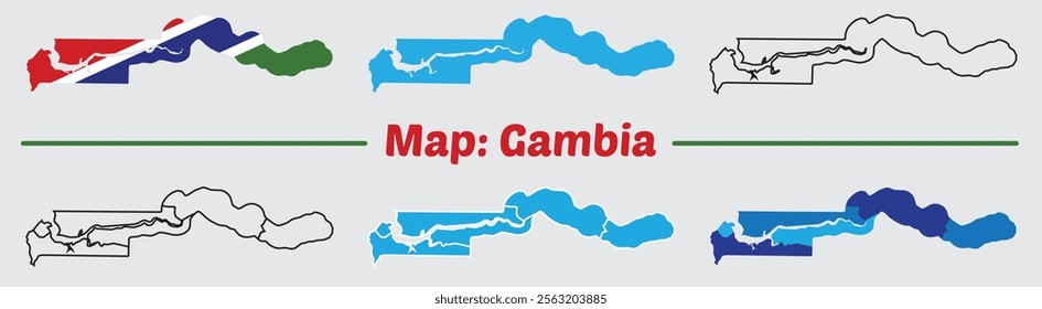 Gambia country map set. internal provinces borders marked, Simple map of Gambia vector drawing, Filled and outline.