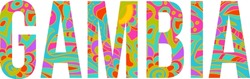 Gambia creative country name text design filled with colorful doodle pattern	