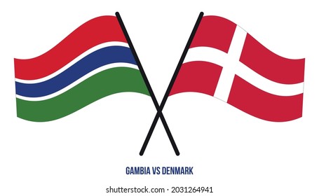 Gambia and Denmark Flags Crossed And Waving Flat Style. Official Proportion. Correct Colors.