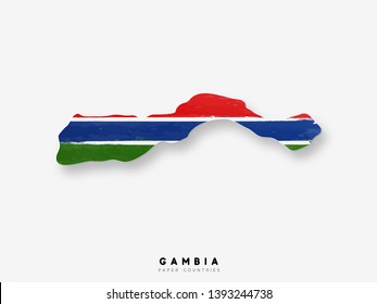 Gambia detailed map with flag of country. Painted in watercolor paint colors in the national flag.