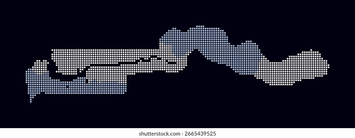 Gâmbia mapa pontilhado. Mapa de estilo digital do país sobre fundo escuro. Forma de Gâmbia com pontos quadrados. Estilo de pontos coloridos. Quadrados de tamanho pequeno. Bela ilustração vetorial.