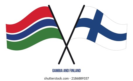 Gambia and Finland Flags Crossed And Waving Flat Style. Official Proportion. Correct Colors.