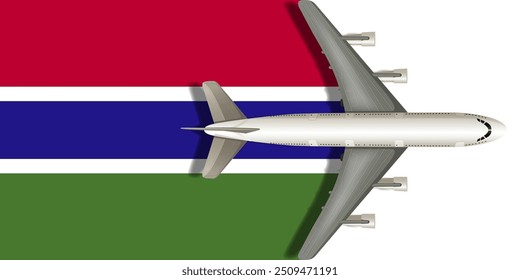 Bandera de GAMBIA con un avión volando sobre ella de cerca. Imagen de Vector.